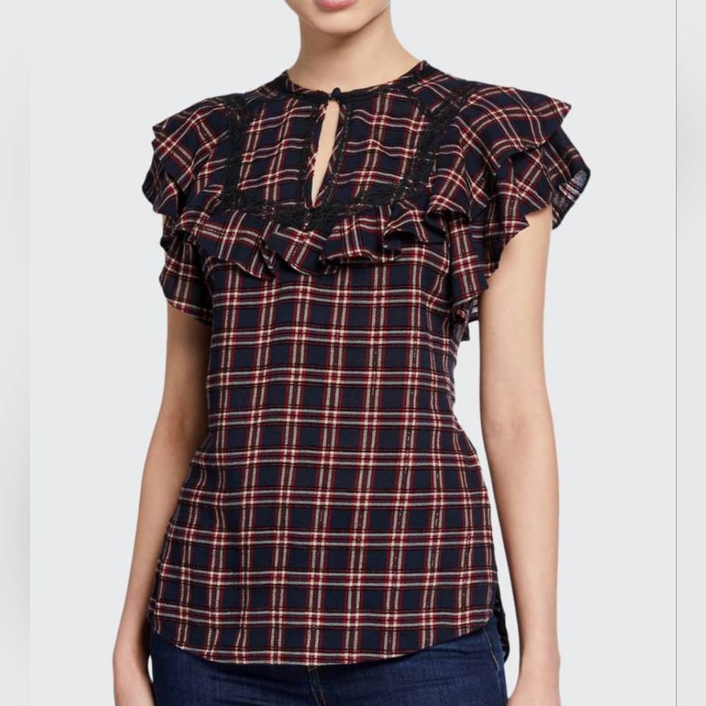 4 Veronica Beard Hawn Yoked Short-Sleeve Ruffle Blouse